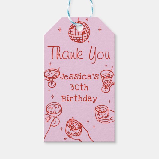 Roze Retro Hand getrokken Funky Cocktail Verjaarda Cadeaulabel (Voorkant)