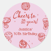 Roze Retro Hand getrokken Funky Cocktail Verjaarda Ronde Sticker (Voorkant)