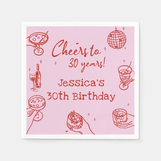 Roze Retro Hand getrokken Funky Cocktail Verjaarda Servet (Voorkant)