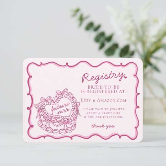 Roze Retro Hart Coquette Cake Registry Insert Informatiekaartje (Staand voorkant)
