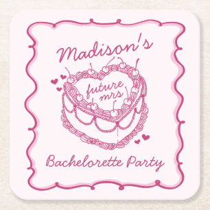 Roze Retro Hart Coquette Cherry Cake Bachelorette Kartonnen Onderzetters