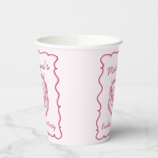 Roze Retro Hart Coquette Cherry Cake Bachelorette Papieren Bekers (Links)