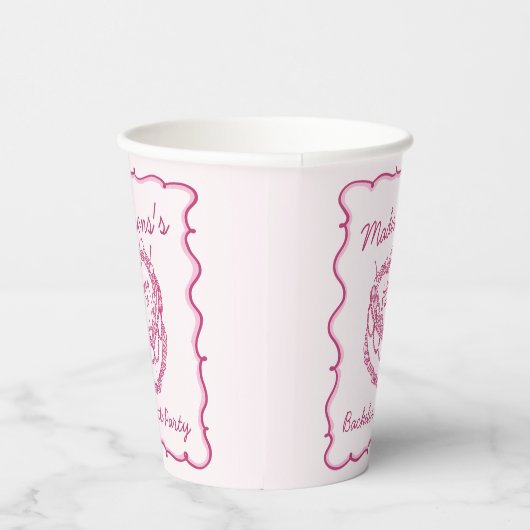 Roze Retro Hart Coquette Cherry Cake Bachelorette Papieren Bekers (Rechts)