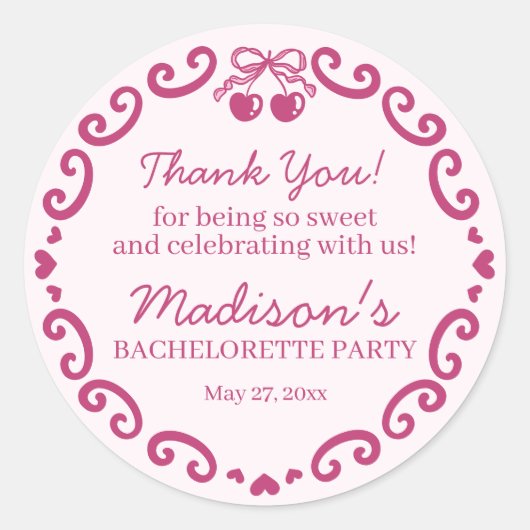 Roze Retro Hart Coquette Cherry Cake Bachelorette Ronde Sticker (Voorkant)