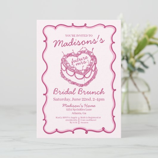 Roze Retro Hart Coquette Cherry Cake Bruids Brunch Kaart (Staand voorkant)