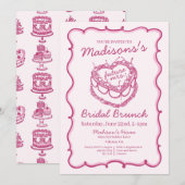 Roze Retro Hart Coquette Cherry Cake Bruids Brunch Kaart (Voorkant / Achterkant)
