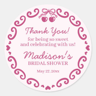 Roze Retro Hart Coquette Cherry Cake Bruids Douche Ronde Sticker