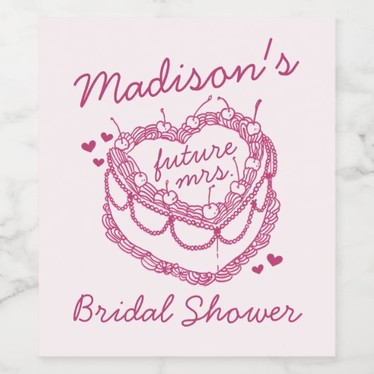 Roze Retro Hart Coquette Cherry Cake Bruids Douche Wijn Etiket (Enkel label)