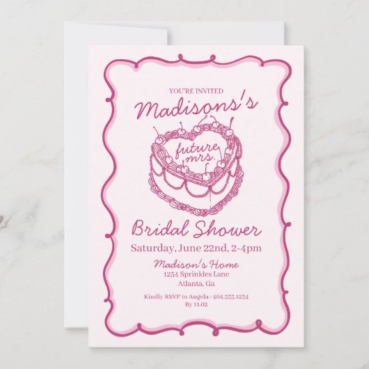 Roze Retro Hart Coquette Cherry Cake Bruids Showe Kaart (Voorkant)