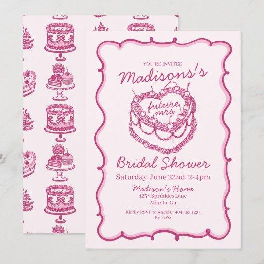 Roze Retro Hart Coquette Cherry Cake Bruids Showe Kaart (Voorkant / Achterkant)