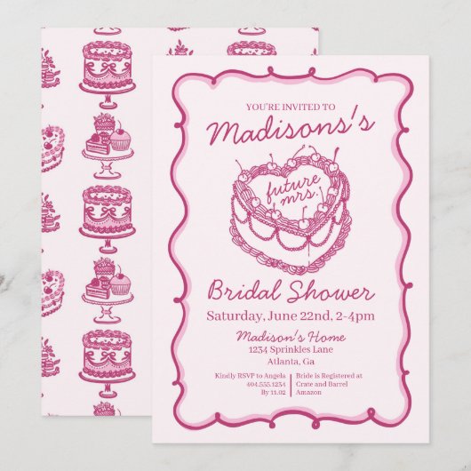 Roze Retro Hart Coquette Cherry Cake Bruids Showe Kaart (Voorkant / Achterkant)