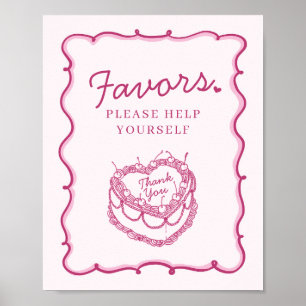 Roze Retro Hart Coquette Cherry Cake Favors Poster