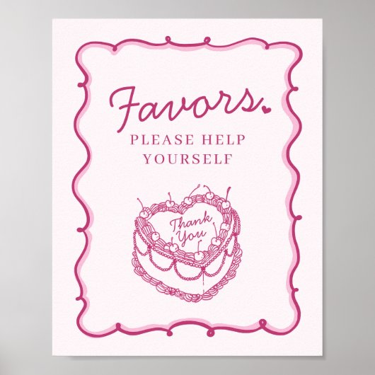 Roze Retro Hart Coquette Cherry Cake Favors Poster (Voorkant)