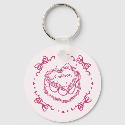 Roze Retro Hart Coquette Cherry Cake Favors Sleutelhanger (Voorkant)