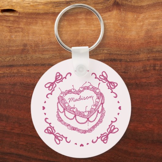 Roze Retro Hart Coquette Cherry Cake Favors Sleutelhanger (Achterkant)