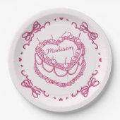 Roze Retro Hart Coquette Cherry Cake gepersonalise Papieren Bordje (Voorkant)