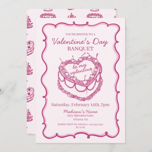 Roze Retro Hart Coquette Cherry Cake Valentijn Kaart (Voorkant / Achterkant)