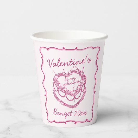 Roze Retro Hart Coquette Cherry Cake Valentijnse Papieren Bekers (Achterkant)