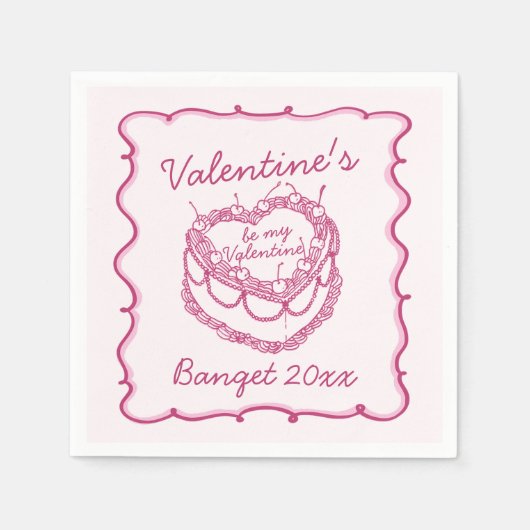 Roze Retro Hart Coquette Cherry Cake Valentijnse Servet (Voorkant)