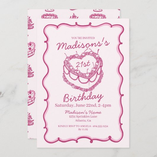 Roze Retro Hart Coquette Cherry Cake Verjaardag Kaart (Voorkant / Achterkant)