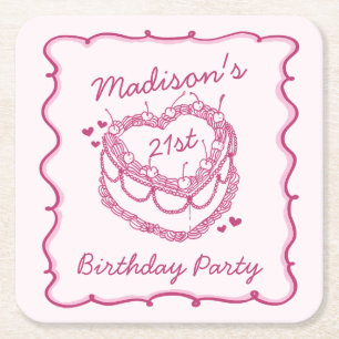 Roze Retro Hart Coquette Cherry Cake Verjaardag Kartonnen Onderzetters