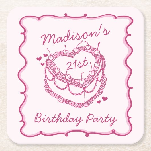 Roze Retro Hart Coquette Cherry Cake Verjaardag Kartonnen Onderzetters (Voorkant)