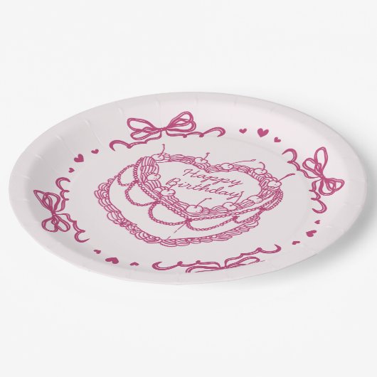 Roze Retro Hart Coquette Cherry Cake Verjaardag Papieren Bordje (Gekanteld)