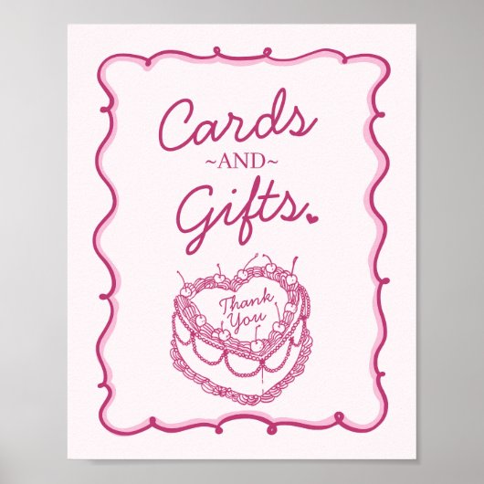 Roze Retro Hart Coquette Cherry Cake Verjaardag Poster (Voorkant)