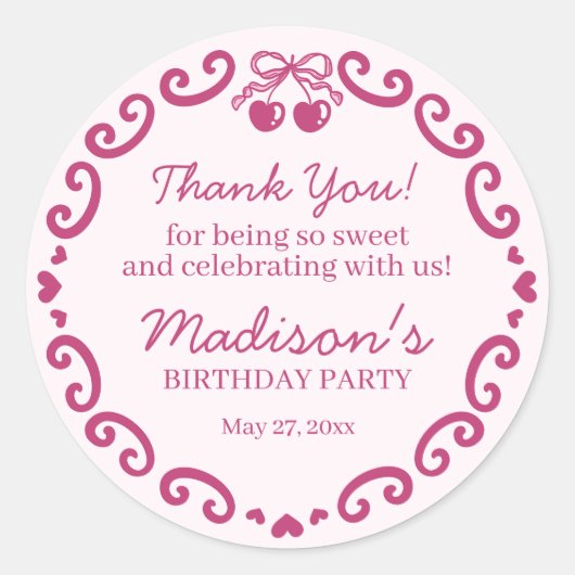 Roze Retro Hart Coquette Cherry Cake Verjaardag Ronde Sticker (Voorkant)