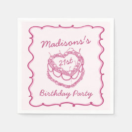 Roze Retro Hart Coquette Cherry Cake Verjaardag Servet