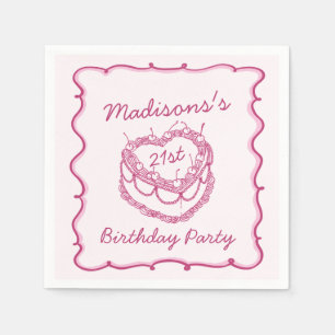 Roze Retro Hart Coquette Cherry Cake Verjaardag Servet