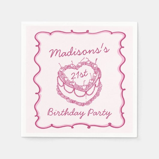 Roze Retro Hart Coquette Cherry Cake Verjaardag Servet (Voorkant)