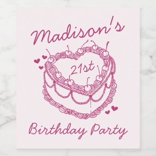 Roze Retro Hart Coquette Cherry Cake Verjaardag Wijn Etiket (Enkel label)