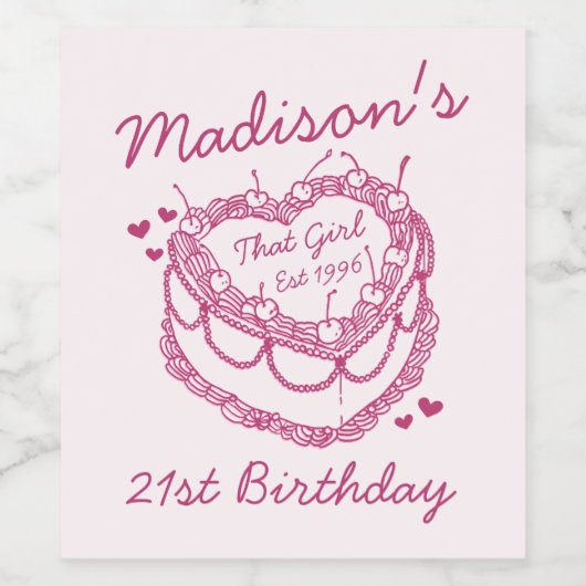 Roze Retro Hart Coquette Cherry Cake Verjaardag Wijn Etiket (Enkel label)