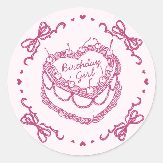 Roze Retro Hart Coquette Cherry Cake VerjaardagMei Ronde Sticker (Voorkant)