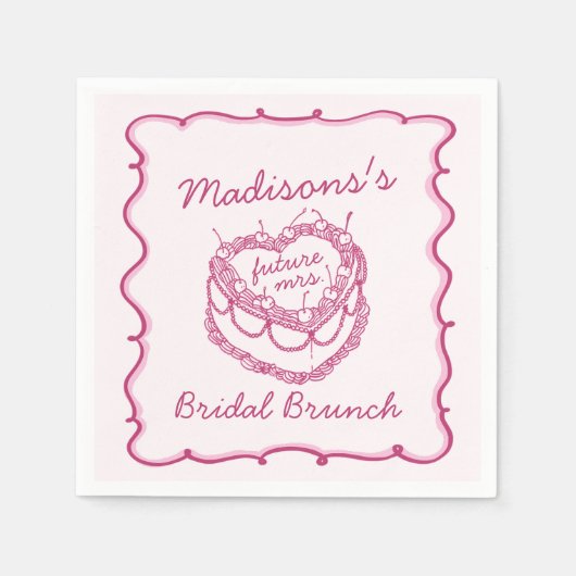Roze Retro Hart Coquette Kersencake Bruids Brunch Servet (Voorkant)