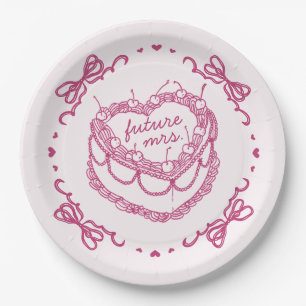 Roze Retro Hart Coquette Kersencake Bruids Shower Papieren Bordje