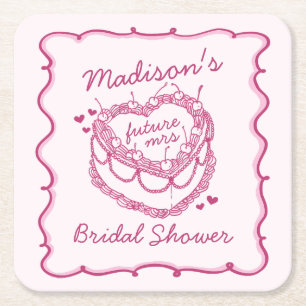 Roze Retro Hart Coquette Kersencake BruidsShower Kartonnen Onderzetters