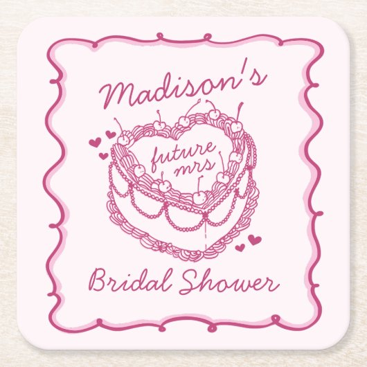 Roze Retro Hart Coquette Kersencake BruidsShower Kartonnen Onderzetters (Voorkant)