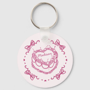Roze Retro Hart Coquette Kersencake Favors Sleutelhanger