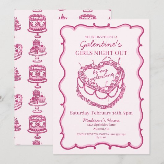 Roze Retro Hart Coquette Kersencake Galentine Kaart (Voorkant / Achterkant)