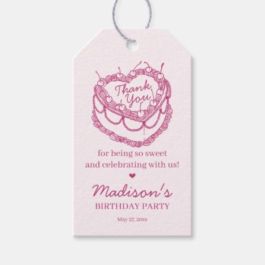 Roze Retro Hart Coquette Kersencake Verjaardag Cadeaulabel (Voorkant)