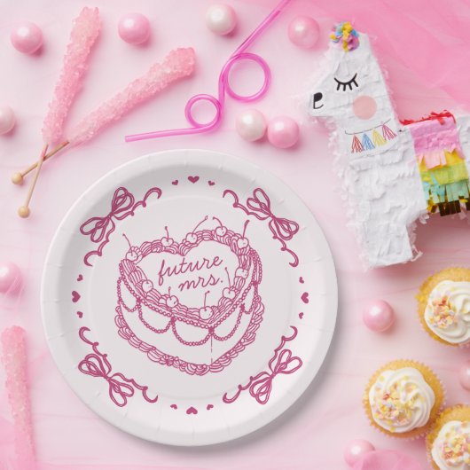 Roze Retro Hart Coquette Kersentaart Bruidsfeest Papieren Bordje (Feest)