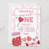 Roze Retro Hart Snoep Sweet One First Birthday Kaart (Voorkant)