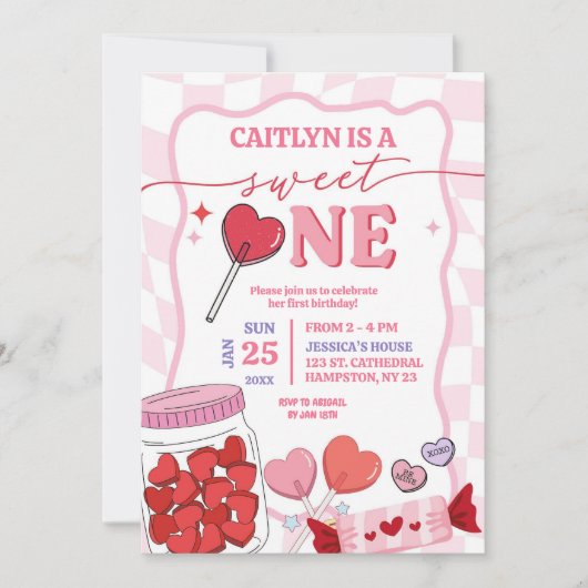 Roze Retro Hart Snoep Sweet One First Birthday Kaart (Voorkant)