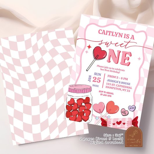 Roze Retro Hart Snoep Sweet One First Birthday Kaart