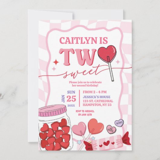 Roze Retro Hart Snoep Twee Zoete Verjaardagen Kaart (Voorkant)