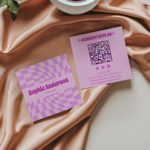 Roze Retro Hippie Golvend Geruit met QR-code Vierkante Visitekaartje