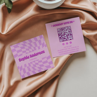 Roze Retro Hippie Golvend Geruit met QR-code Vierkante Visitekaartje