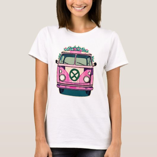 Roze Retro Hippie Van Bloemen Kleuren Kunst T-shirt (Voorkant)